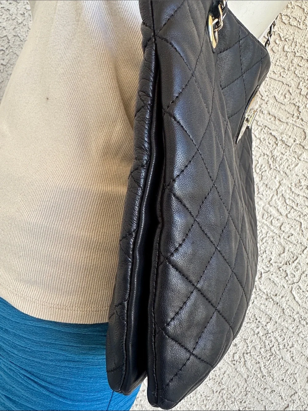 DKNY Black Quilted Leather Shoulder Tote with Chain Straps